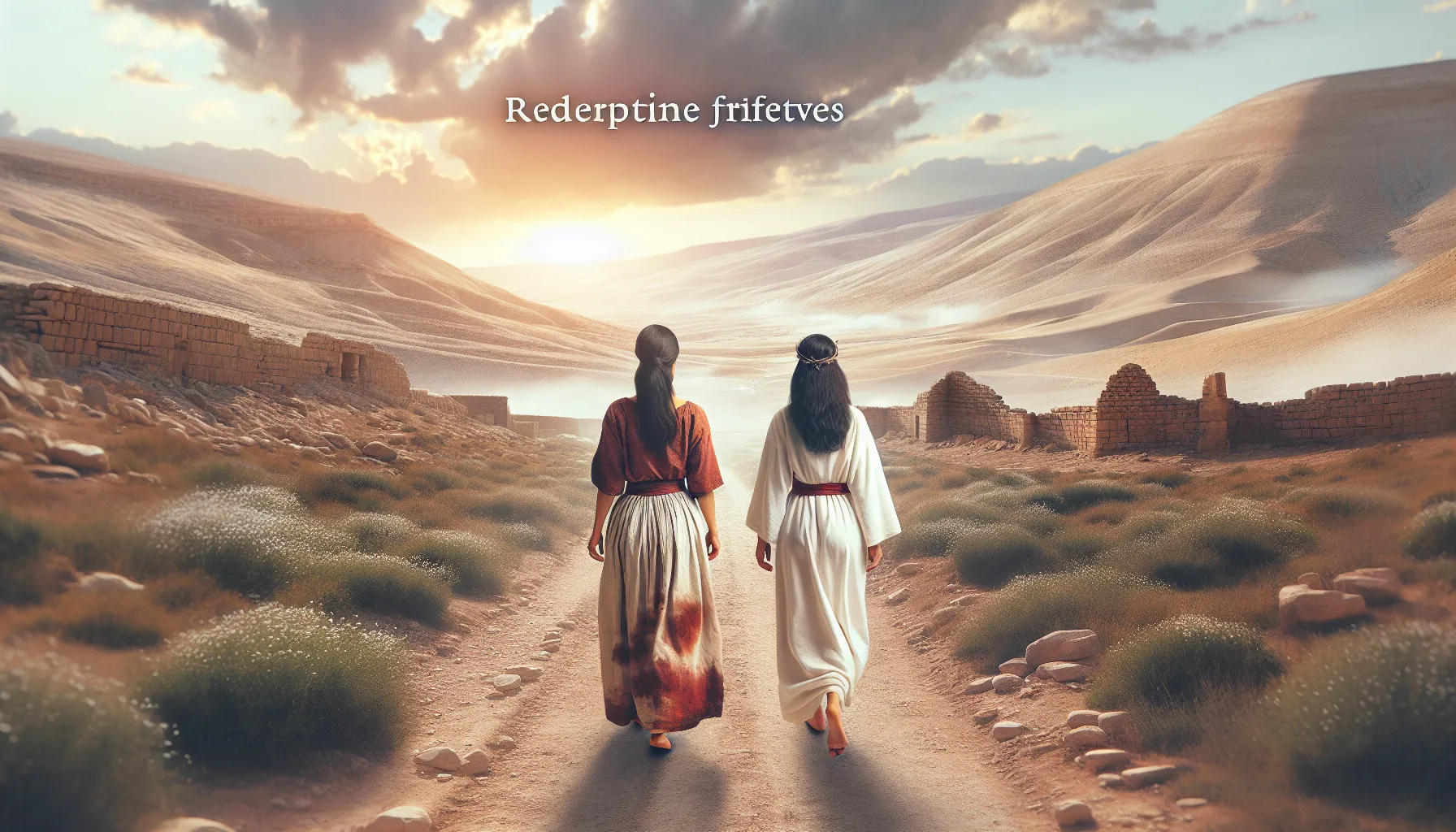 Dos mujeres caminando por un camino polvoriento en la antigua Judea, simbolizando la redención y el perdón divino hacia las prostitutas mencionadas en la Biblia.