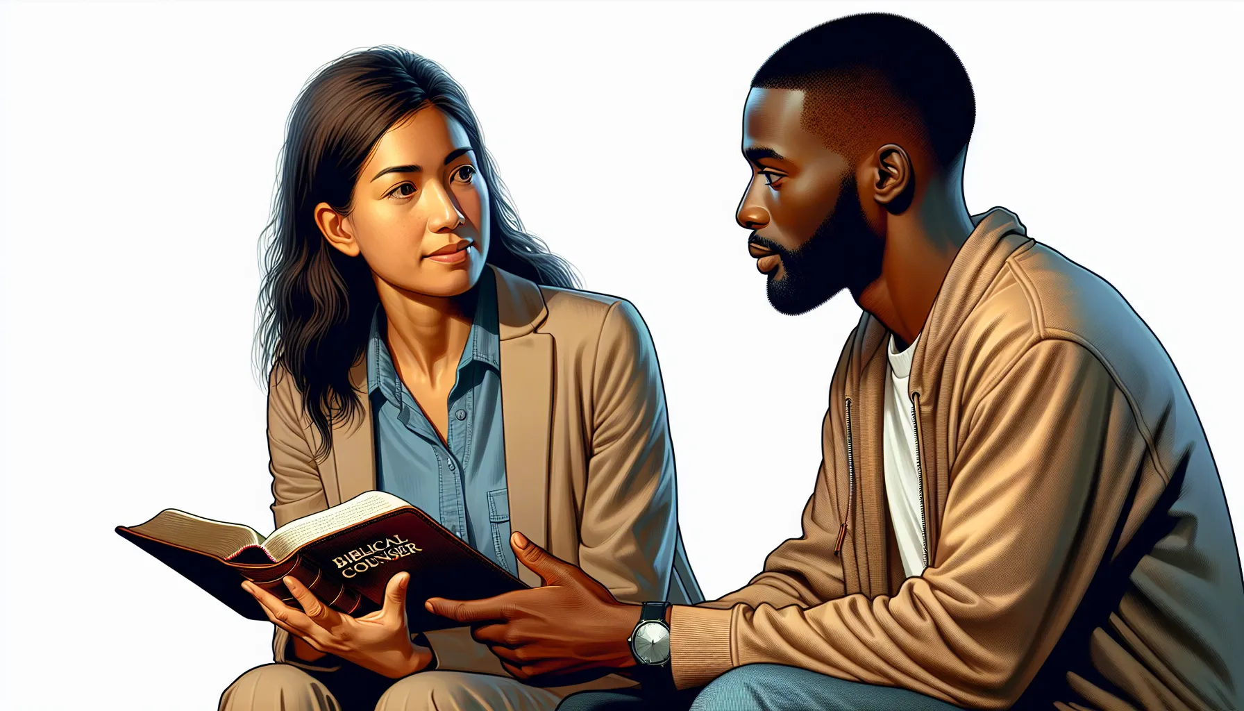 Imagen ilustrativa de un consejero bíblico hablando con una persona mientras ambos sostienen una Biblia abierta.