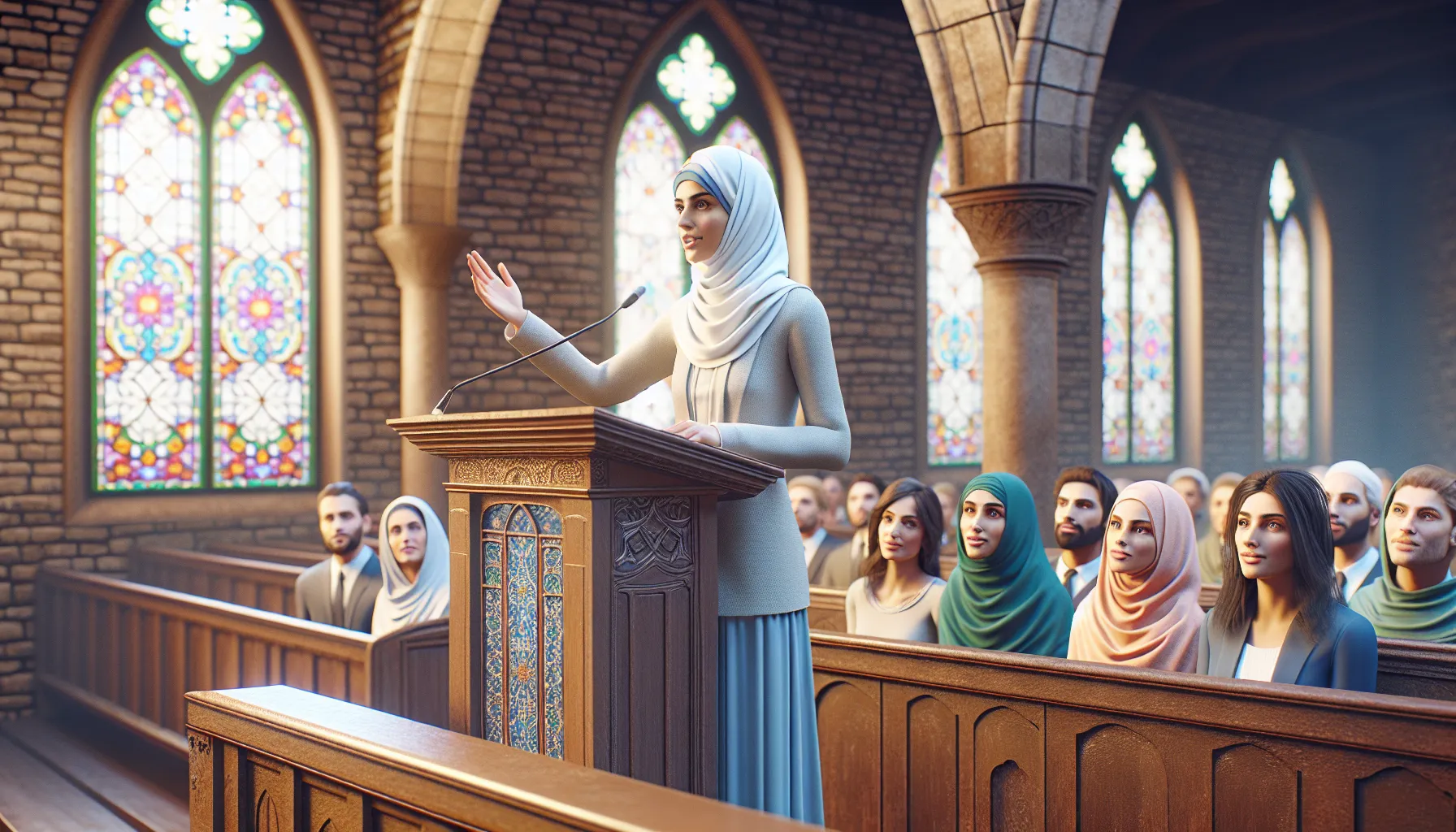 Imagen de una mujer predicando en el púlpito, representando la igualdad de género en el liderazgo religioso.