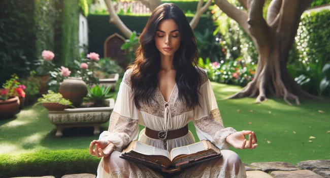 Una mujer meditando sobre un libro antiguo de escritura sagrada en un tranquilo jardín