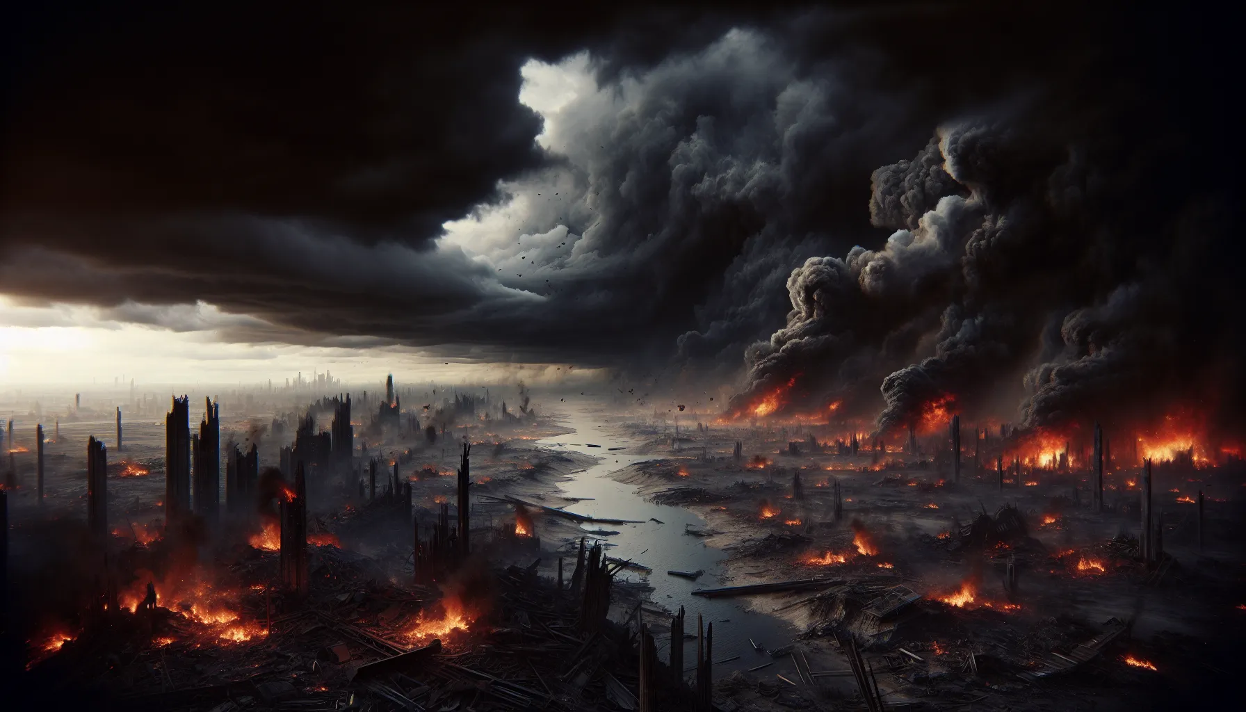 Una imagen de un paisaje apocalíptico con nubes oscuras, fuego y destrucción, representando el caos y la importancia de comprender el significado del Apocalipsis.