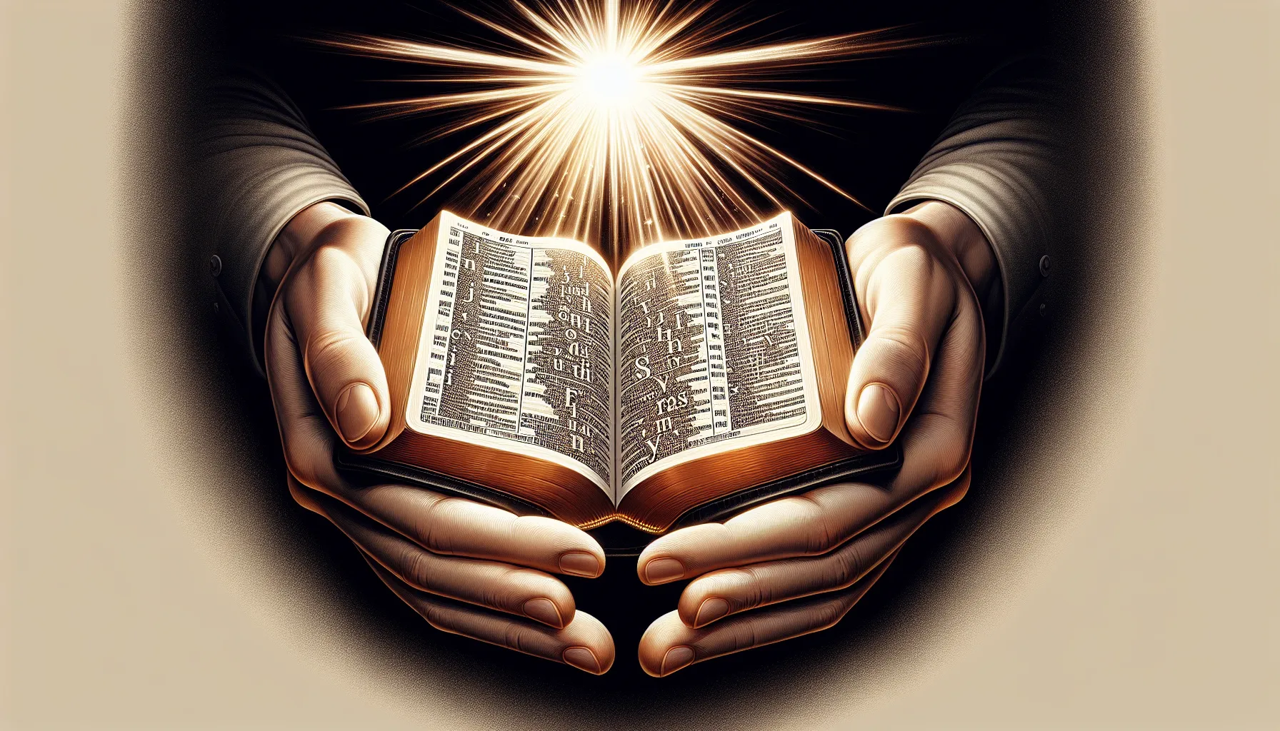 Imagen de manos cruzadas sosteniendo una luz brillante sobre un fondo de páginas de la Biblia abierta