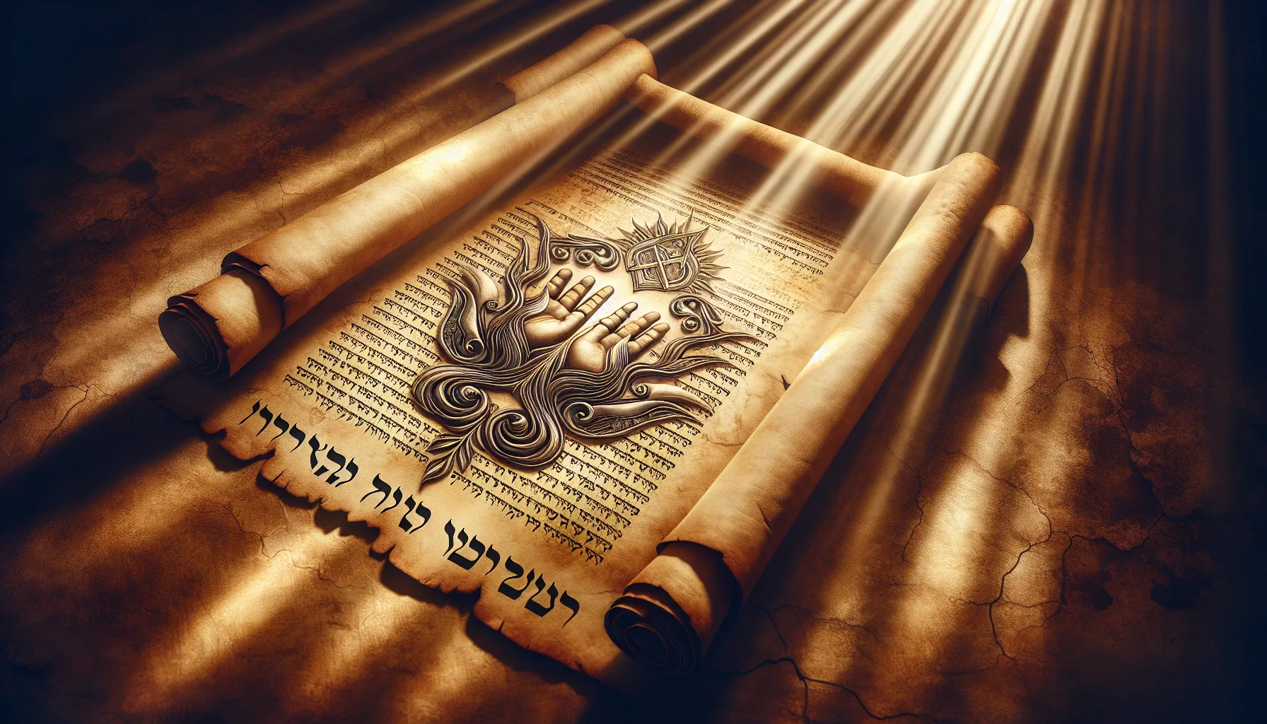Imagen ilustrativa con rayos de luz divina sobre un pergamino antiguo con palabras en hebreo y un símbolo de manos entrelazadas en oración.