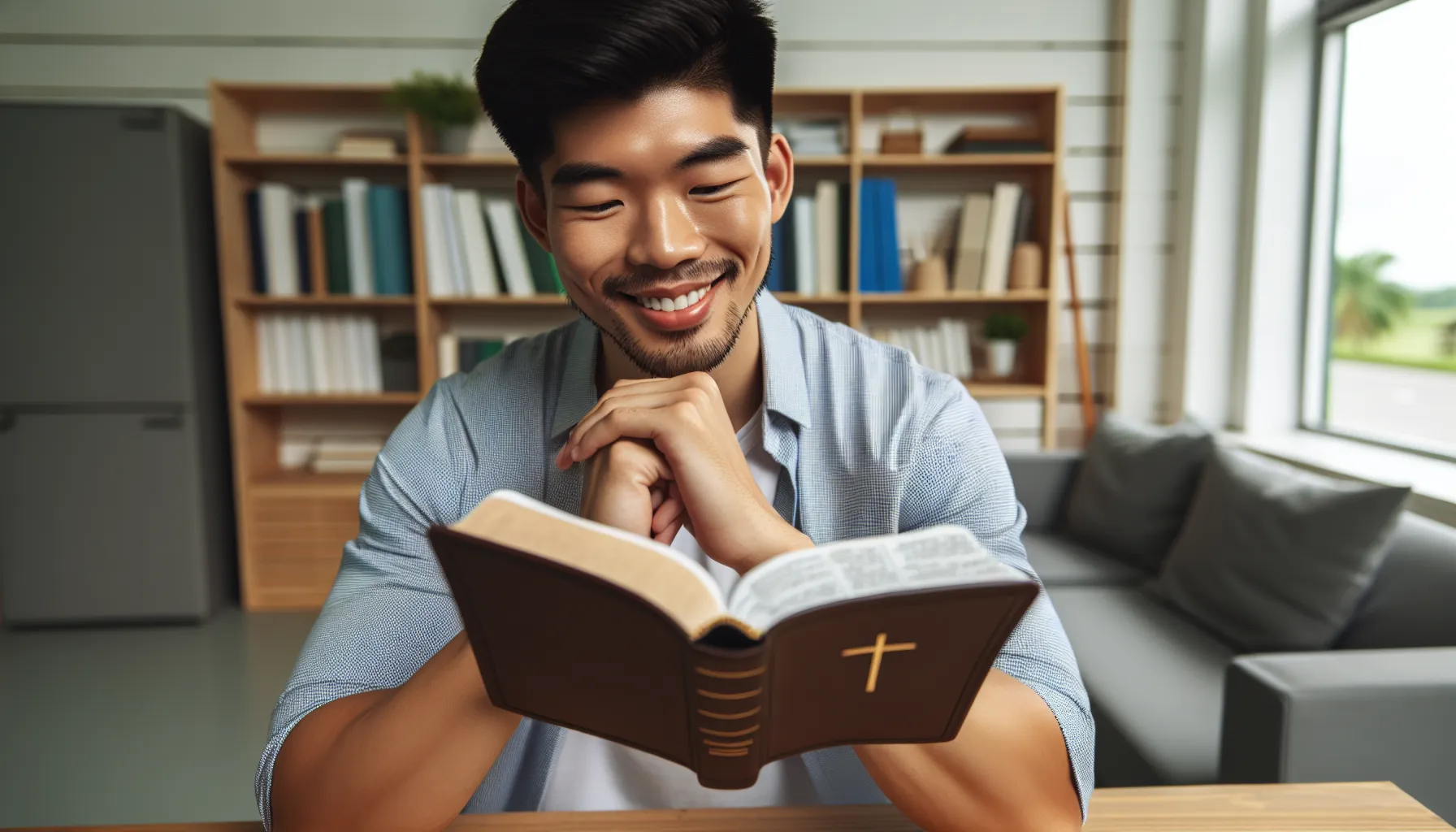 Imagen de un hombre leyendo la Biblia con una sonrisa, representando el estudio de los principios bíblicos para ser un esposo cristiano.