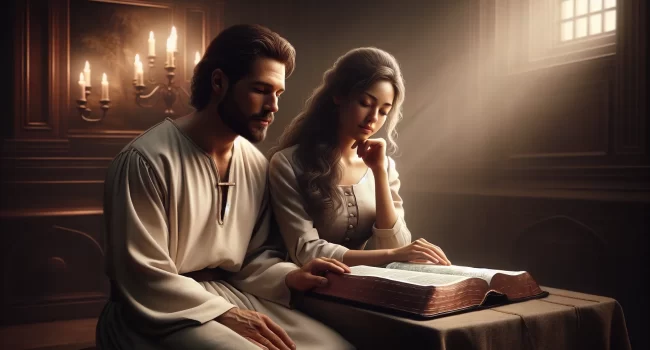 “Imagen de un hombre leyendo la Biblia con su esposa