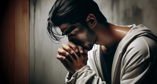 Imagen de una persona arrepentida y con las manos juntas en oración