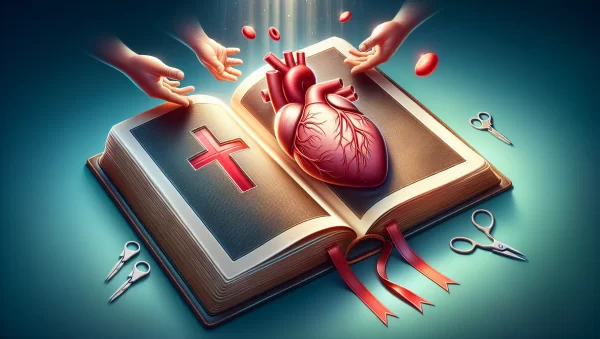 Imagen ilustrativa de la Biblia abierta con un corazón y un símbolo de donación de órganos