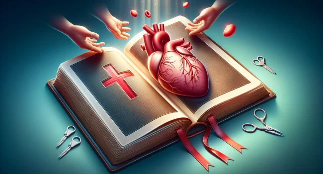 Imagen ilustrativa de la Biblia abierta con un corazón y un símbolo de donación de órganos