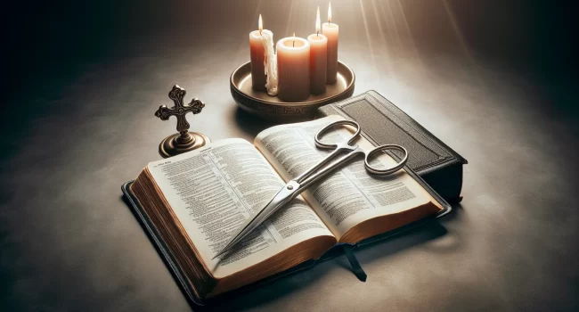 Imagen de un libro abierto con una Biblia y un par de tijeras quirúrgicas