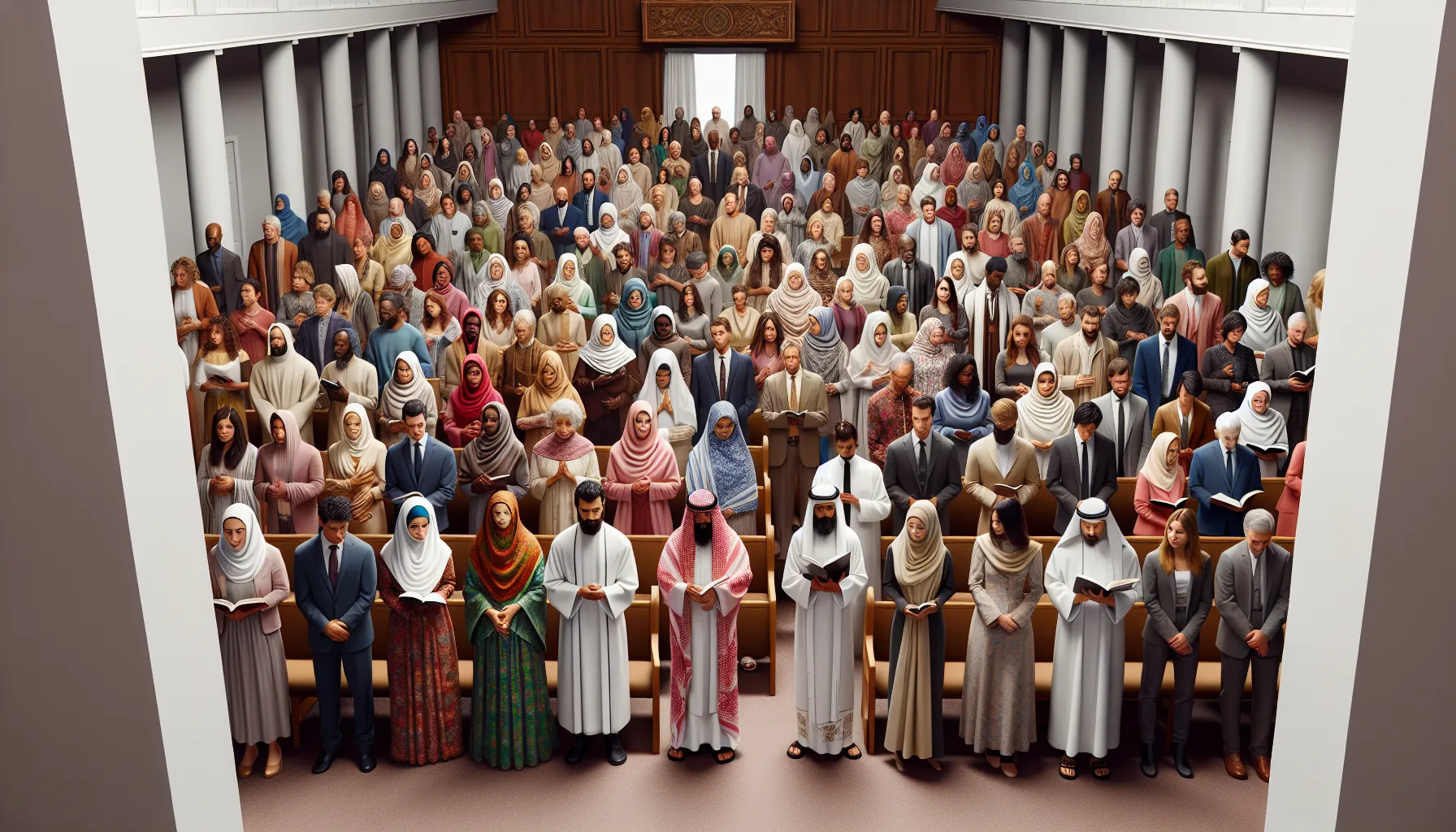 Imagen de una iglesia con personas vestidas con atuendos variados