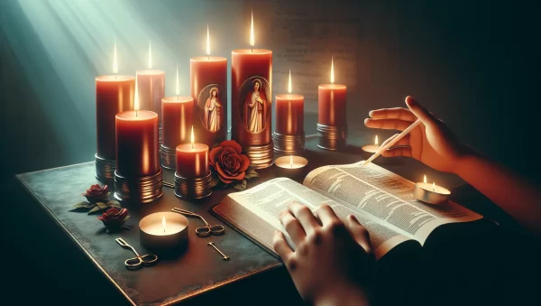 Imagen de velas encendidas colocadas en un altar con una Biblia abierta al fondo