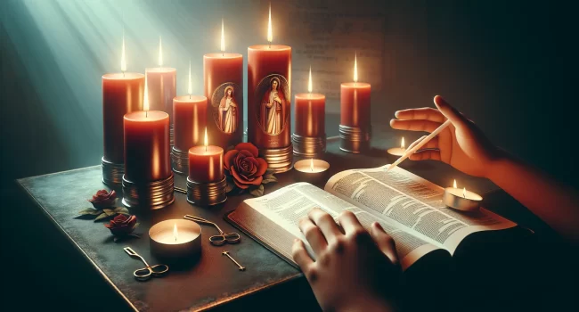 Imagen de velas encendidas colocadas en un altar con una Biblia abierta al fondo