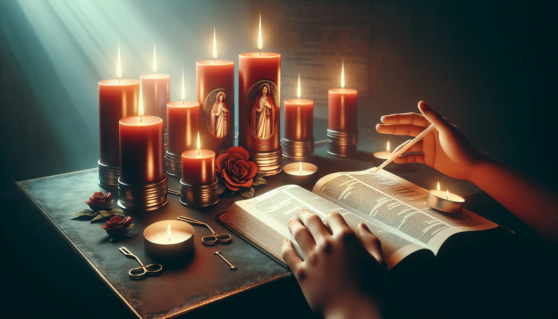 Imagen de velas encendidas colocadas en un altar con una Biblia abierta al fondo