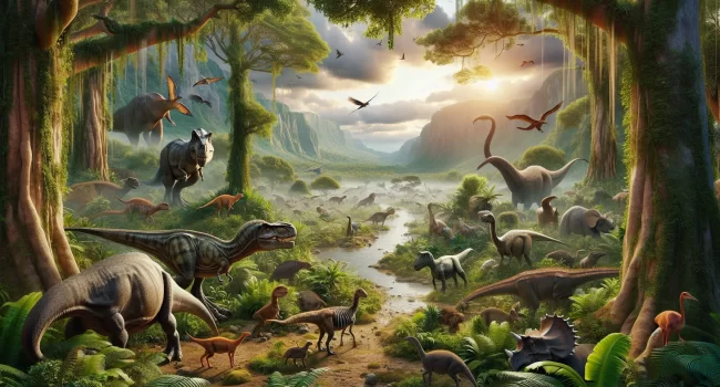 Representación artística de dinosaurios en un paisaje bíblico rodeado de vegetación y animales