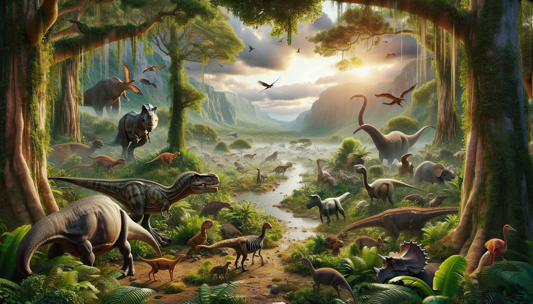 Representación artística de dinosaurios en un paisaje bíblico rodeado de vegetación y animales