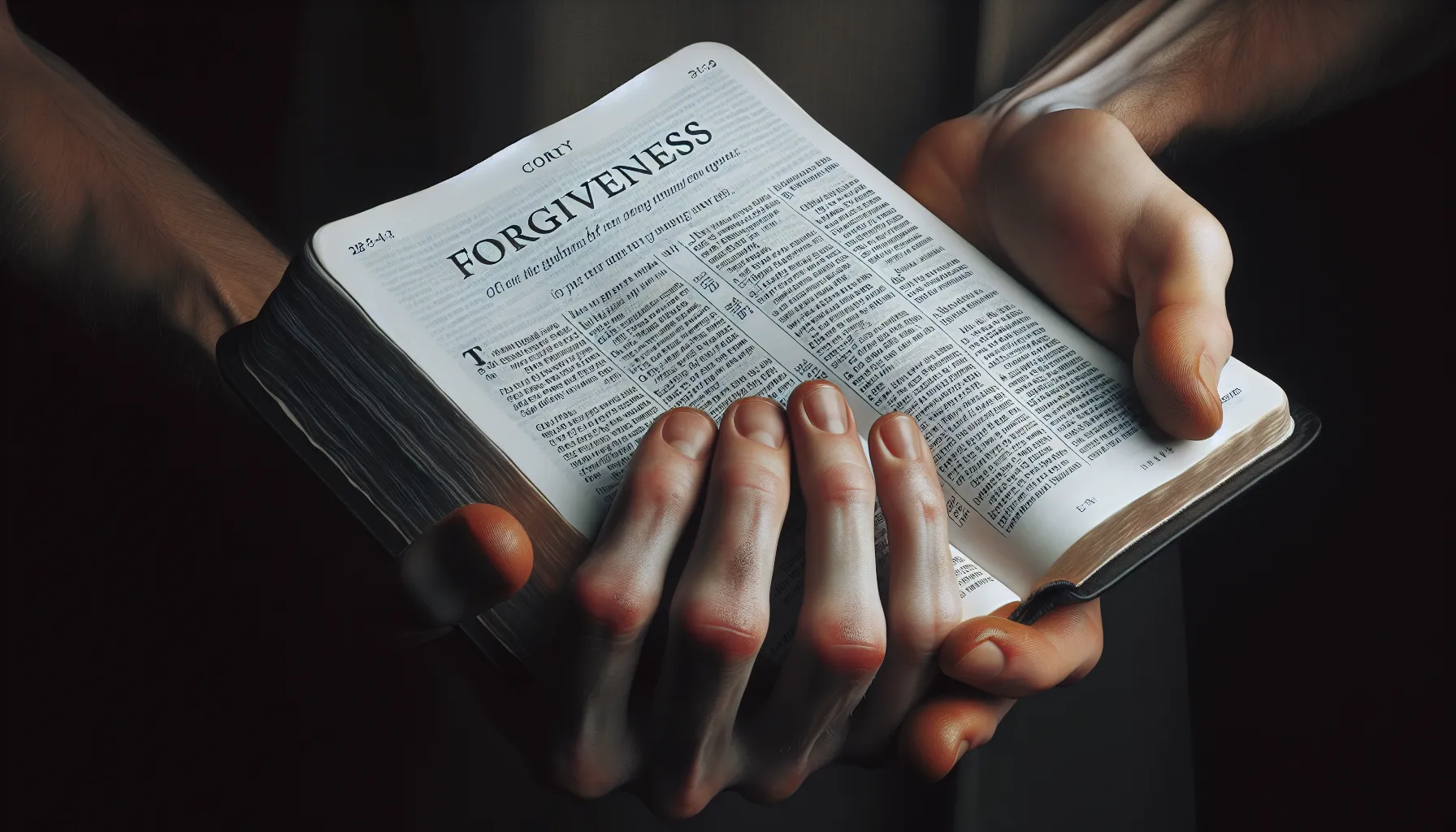 'Una mano sosteniendo una Biblia abierta con una página sobre el perdón. Enfoque en el versículo sobre el perdón y la importancia de practicarlo según las escrituras sagradas.'
