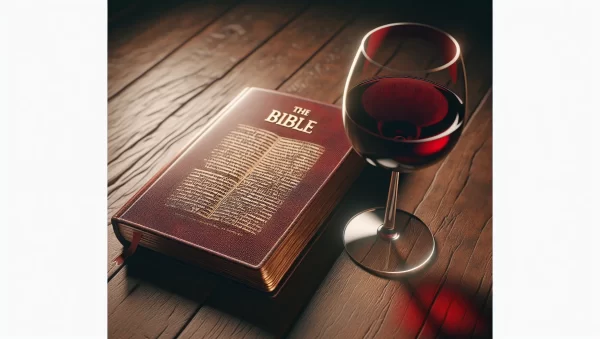 Un vaso de vino tinto en una mesa con una Biblia abierta