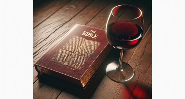 Un vaso de vino tinto en una mesa con una Biblia abierta