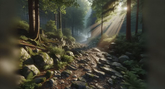 Imagen de un camino rocoso en medio de un bosque con rayos de sol filtrándose a través de los árboles.