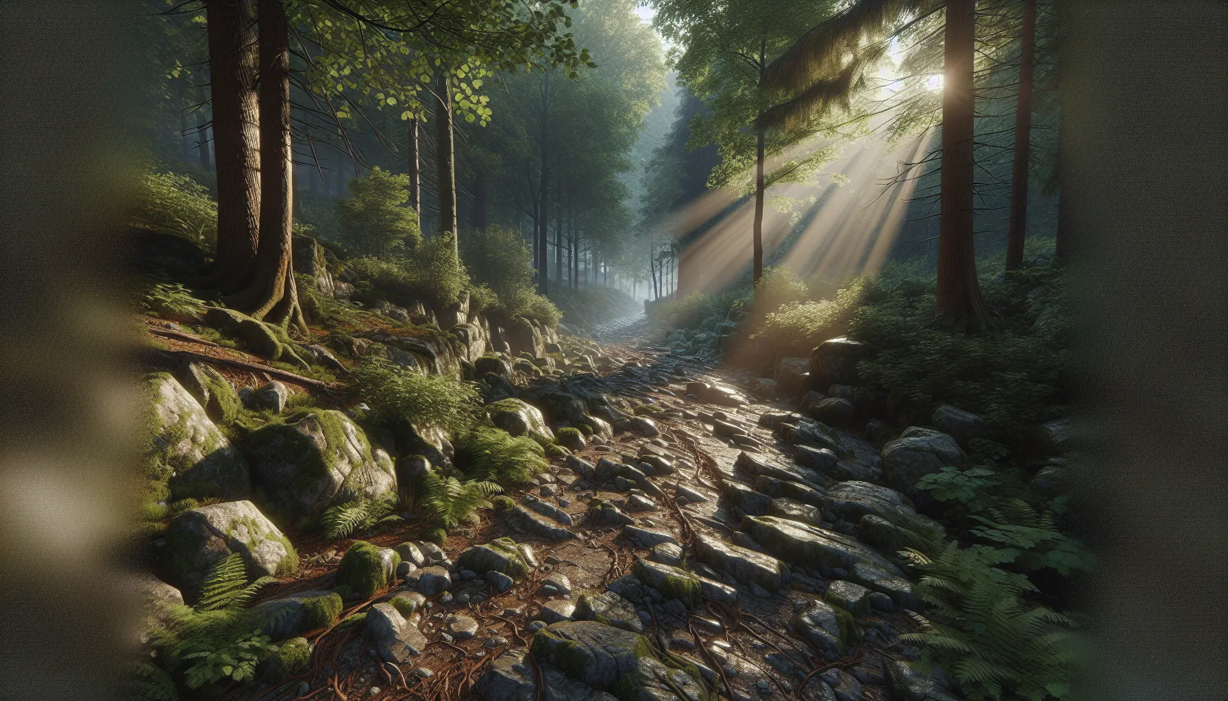 Imagen de un camino rocoso en medio de un bosque con rayos de sol filtrándose a través de los árboles.