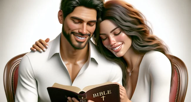 Imagen de una pareja sonriente leyendo la Biblia juntos