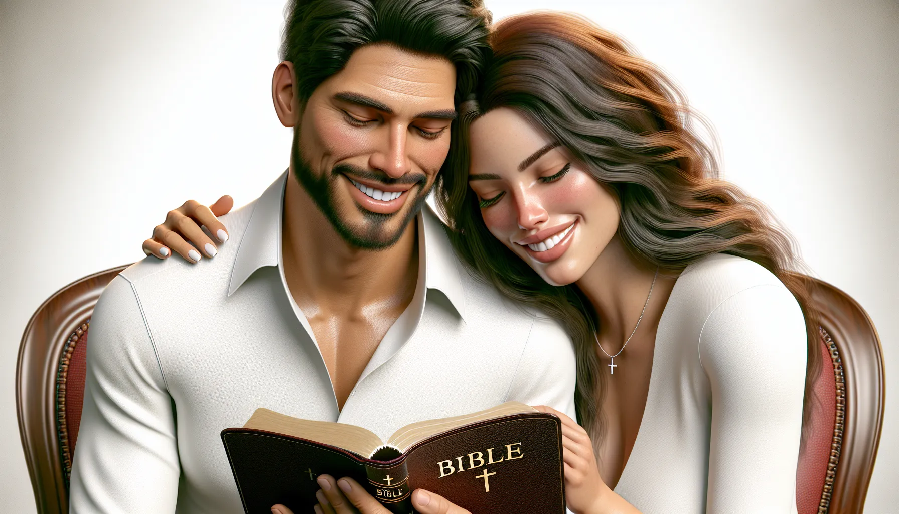 Imagen de una pareja sonriente leyendo la Biblia juntos