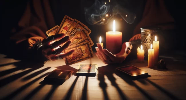 Ilustración de manos sosteniendo cartas de tarot junto a una vela encendida