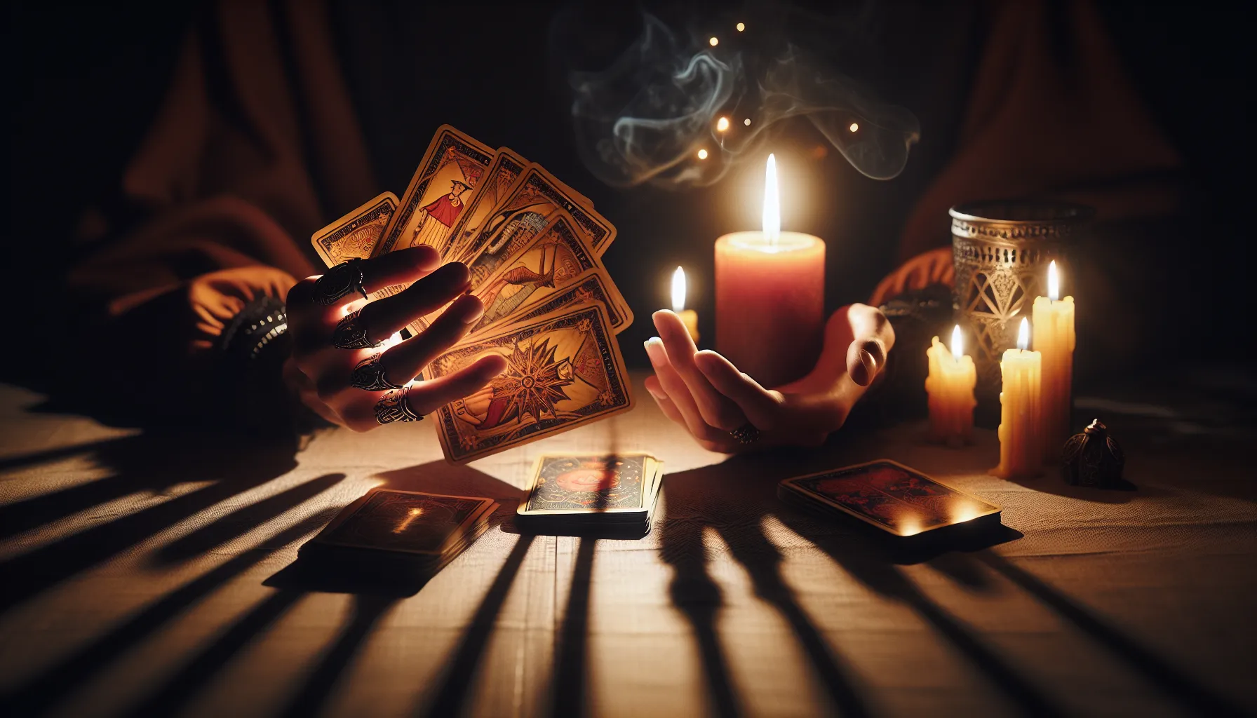 Ilustración de manos sosteniendo cartas de tarot junto a una vela encendida