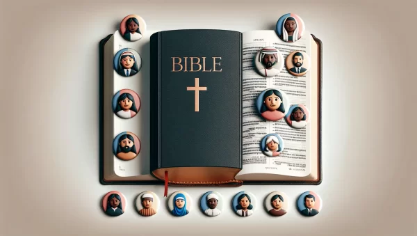 Imagen de un libro abierto con la Biblia y una diversidad de iconos representando diferentes géneros y personas