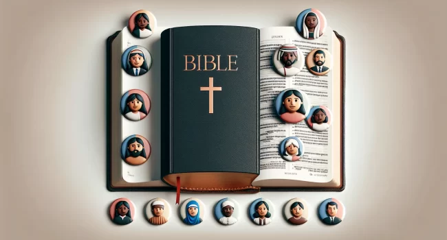 Imagen de un libro abierto con la Biblia y una diversidad de iconos representando diferentes géneros y personas