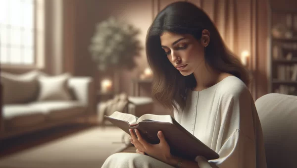 Una mujer joven leyendo la Biblia con interés y reflexión