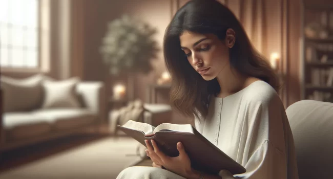 Una mujer joven leyendo la Biblia con interés y reflexión