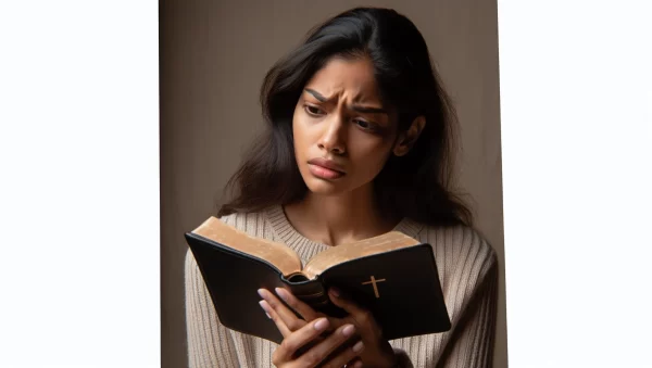 Persona leyendo la Biblia con expresión de incomodidad y confusión.