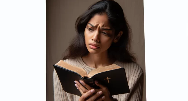 Persona leyendo la Biblia con expresión de incomodidad y confusión.