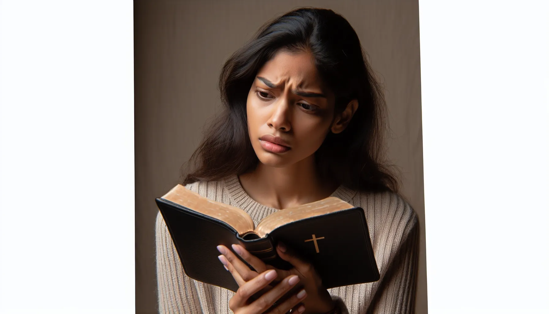 Persona leyendo la Biblia con expresión de incomodidad y confusión.