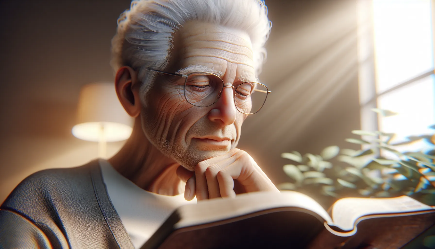 Una persona mayor leyendo la Biblia con interés y reflexión.