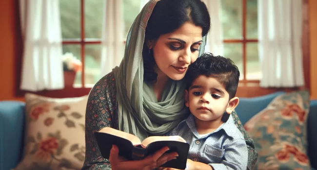 Una madre leyendo la Biblia mientras abraza a su hijo pequeño