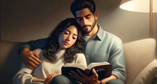 Ilustración de una pareja leyendo la Biblia juntos