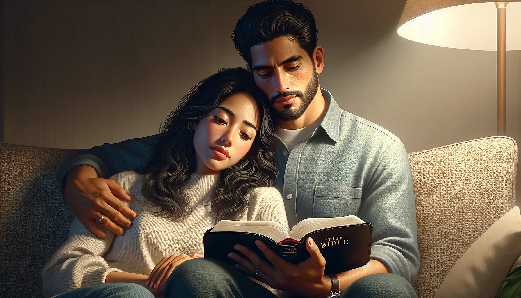 Ilustración de una pareja leyendo la Biblia juntos