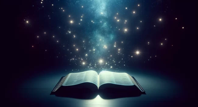 Imagen de fondo con un cielo estrellado y un libro abierto de la Biblia.