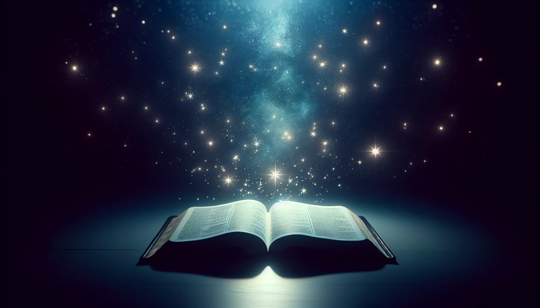 Imagen de fondo con un cielo estrellado y un libro abierto de la Biblia.