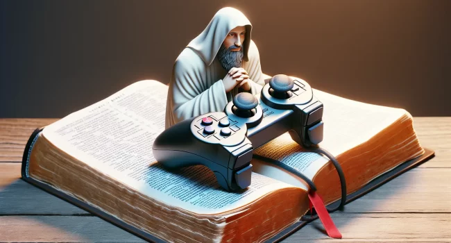 Imagen de un joystick sobre una Biblia abierta
