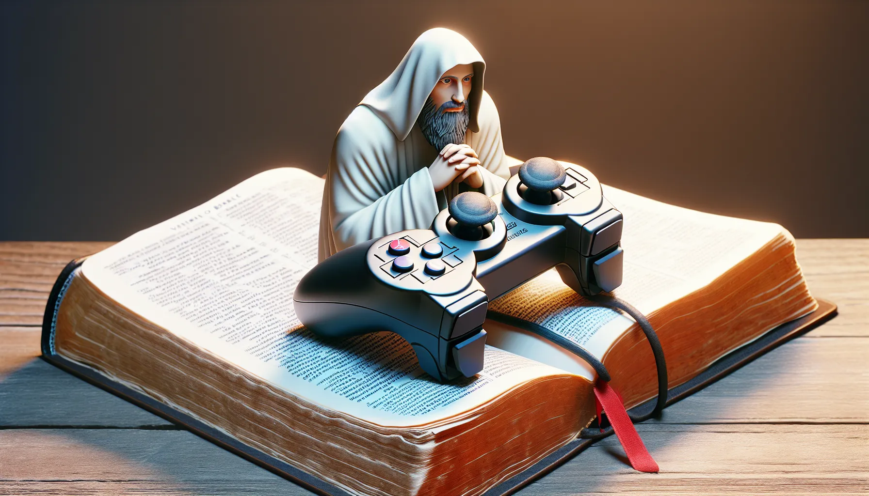 Imagen de un joystick sobre una Biblia abierta