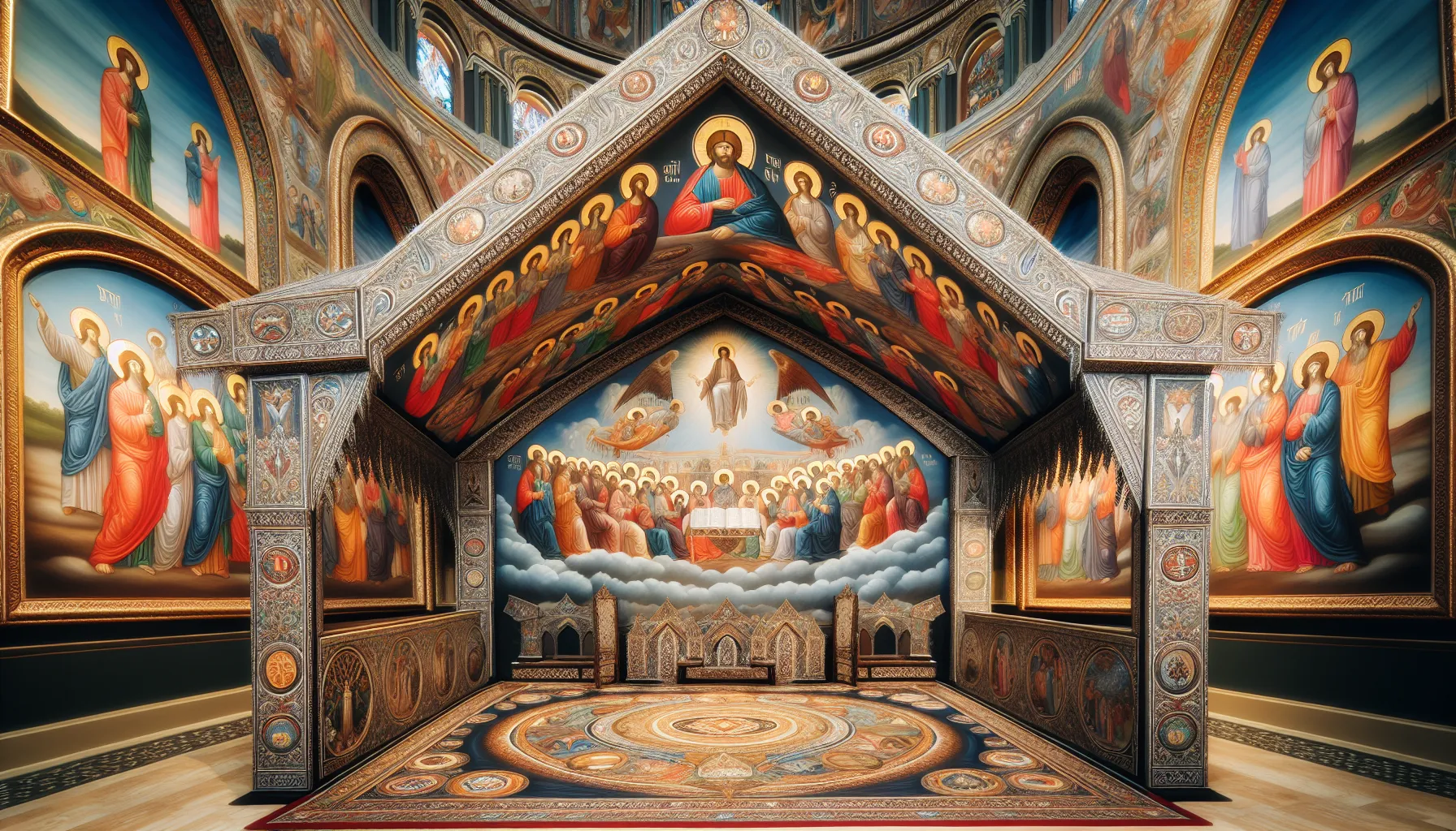 Imagen de un dosel bíblico decorado con motivos religiosos en una iglesia