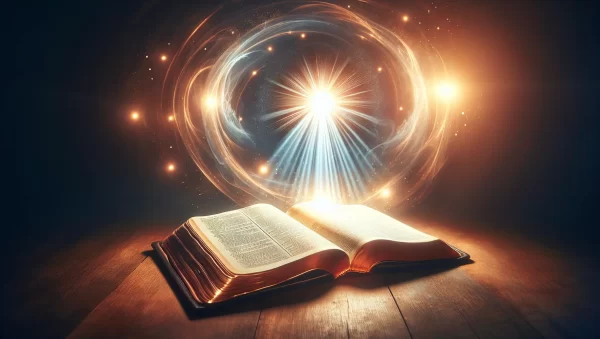 Imagen de fondo con una Biblia abierta y una luz divina brillante que ilumina las páginas