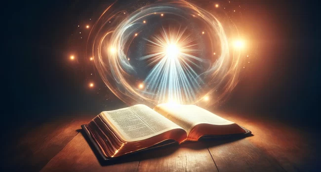 Imagen de fondo con una Biblia abierta y una luz divina brillante que ilumina las páginas