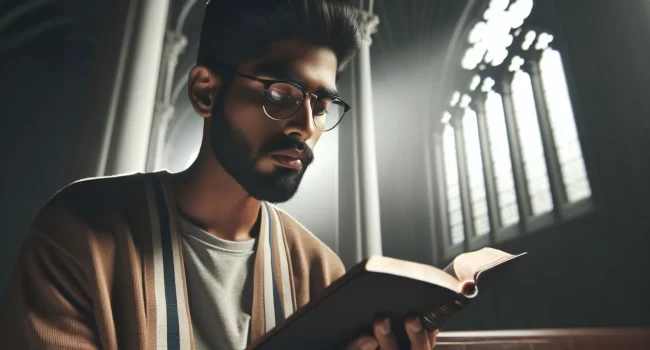 Imagen ilustrativa de un hombre leyendo la Biblia en un entorno tranquilo y reflexivo