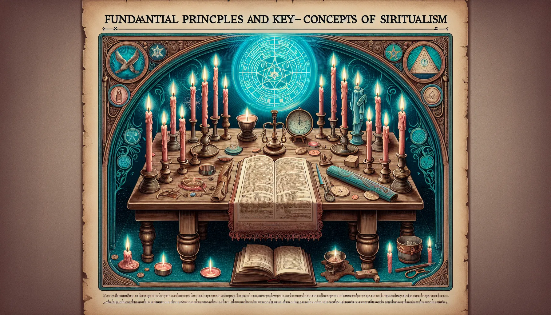 Ilustración de una mesa de sesiones de espiritismo con velas encendidas y objetos espirituales