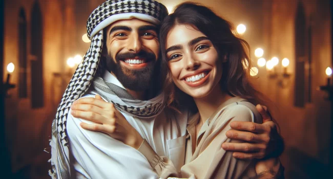 Imagen de una pareja abrazada y sonriente