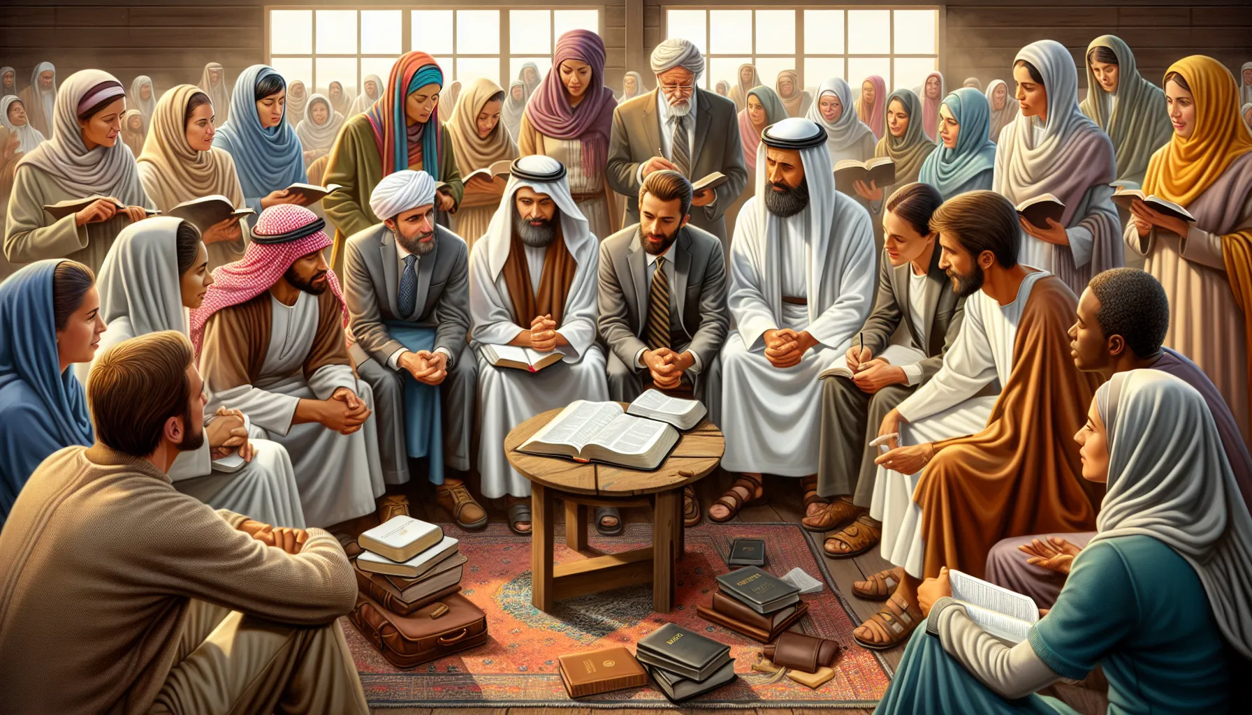 Imagen ilustrativa de un grupo de personas compartiendo y discutiendo la Biblia, representando el mandato de hacer discípulos según las enseñanzas de la Biblia.